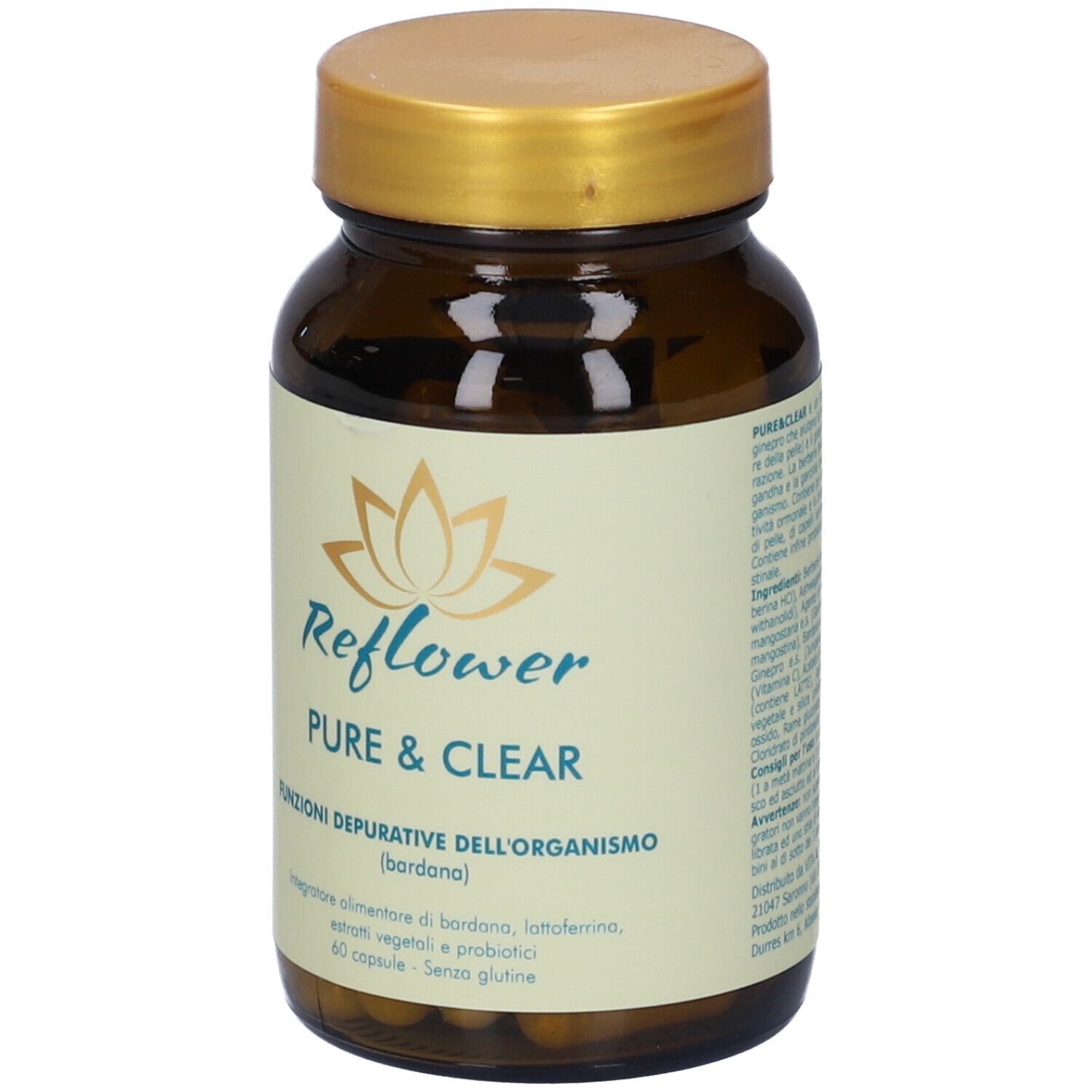 Flacone di vetro marrone con tappo dorato. Etichetta "Reflower Pure & Clear" e logo floreale. 60 capsule.