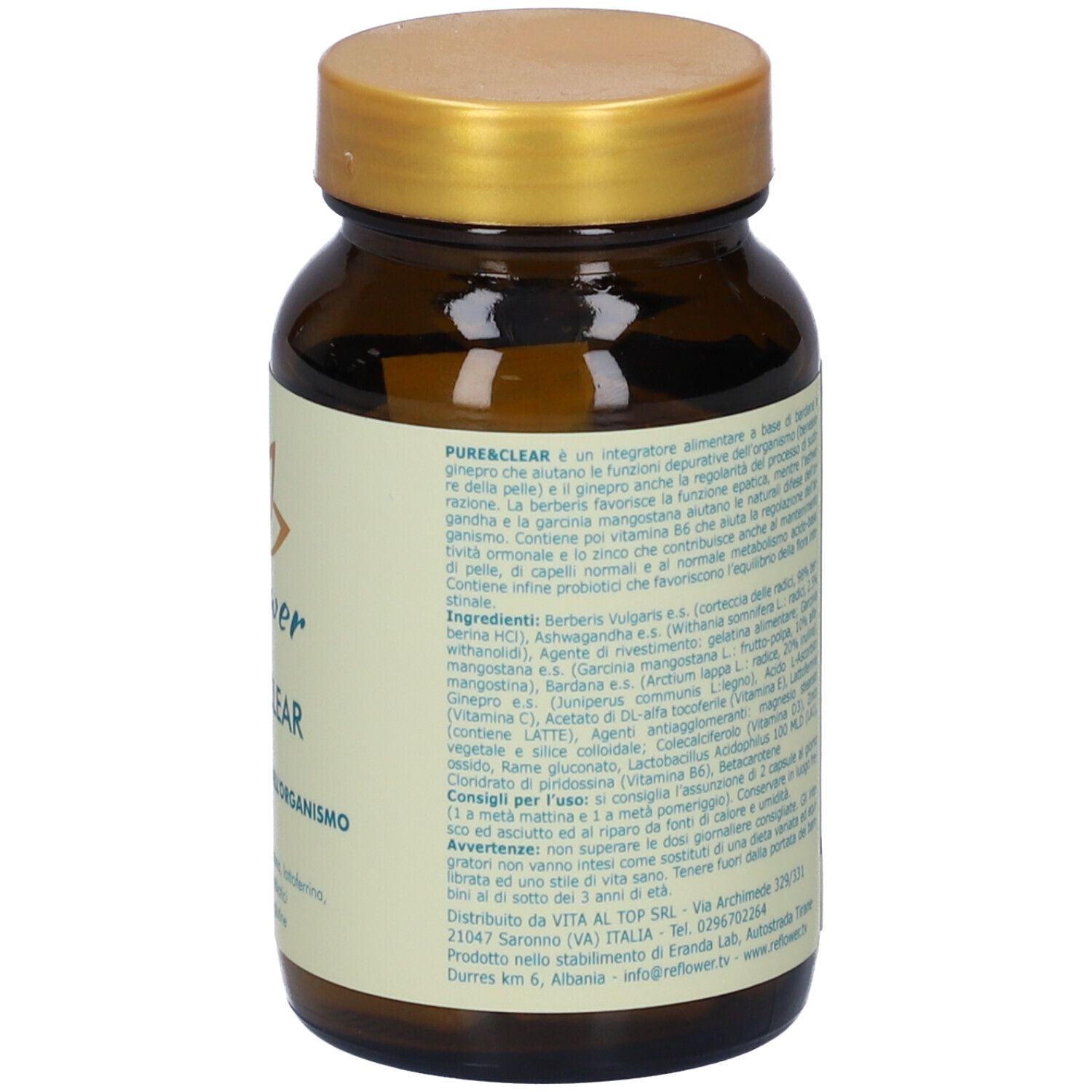 Retro del flacone marrone. Etichetta con ingredienti, consigli per l'uso e avvertenze. Scadenza.