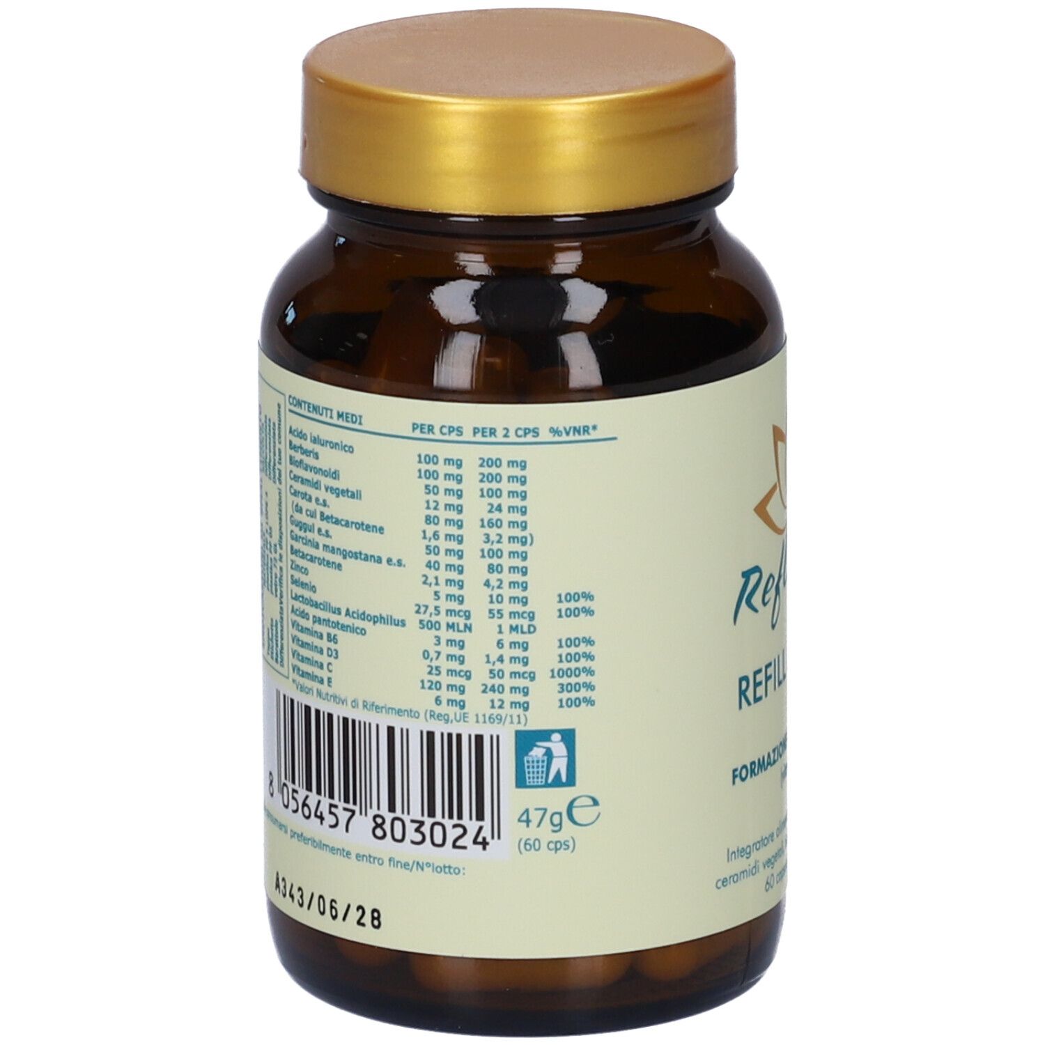 Retro di un flacone di vetro marrone. Etichetta con ingredienti, valori nutrizionali e codice a barre.