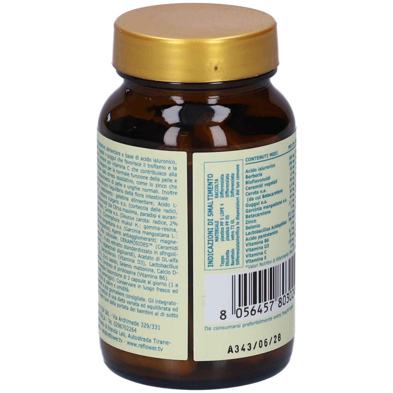 Flacone di vetro marrone con tappo dorato. Etichetta con ingredienti e istruzioni per l'uso.