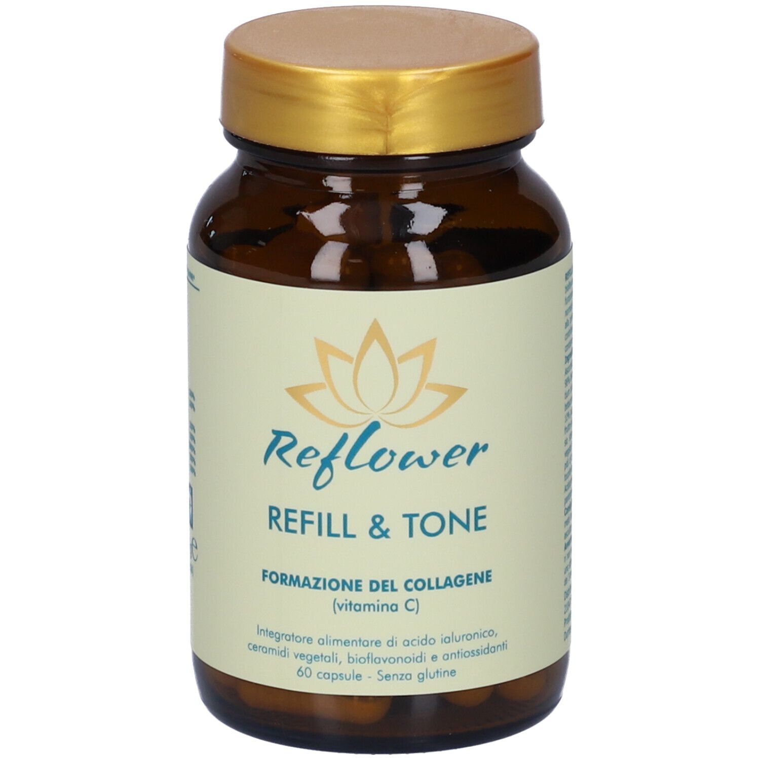 Flacone di vetro marrone con tappo dorato. Etichetta "Reflower Refill & Tone" e dettagli nutrizionali.