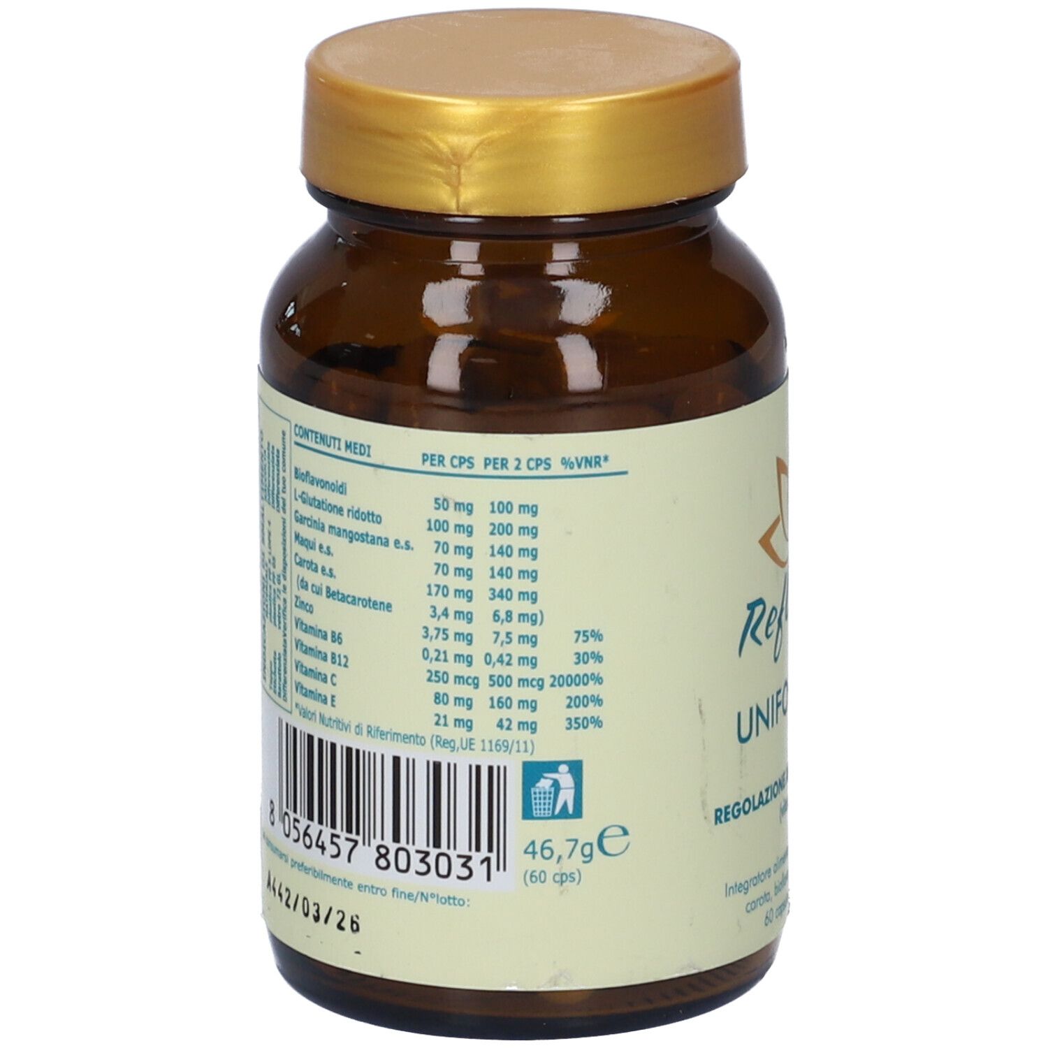 Flacone di vetro marrone con tappo dorato. Retro con informazioni nutrizionali e codice a barre. Testo in italiano.