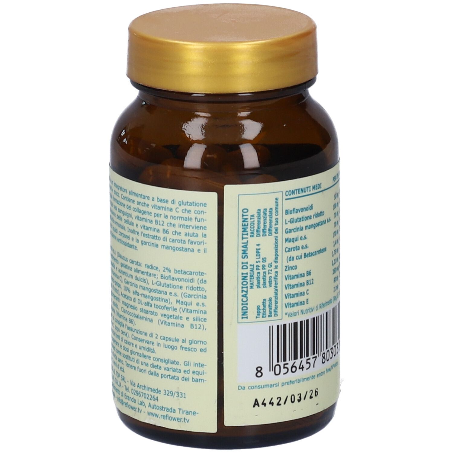 Flacone di vetro marrone con tappo dorato. Retro con testo in italiano. Codice a barre e data di scadenza.