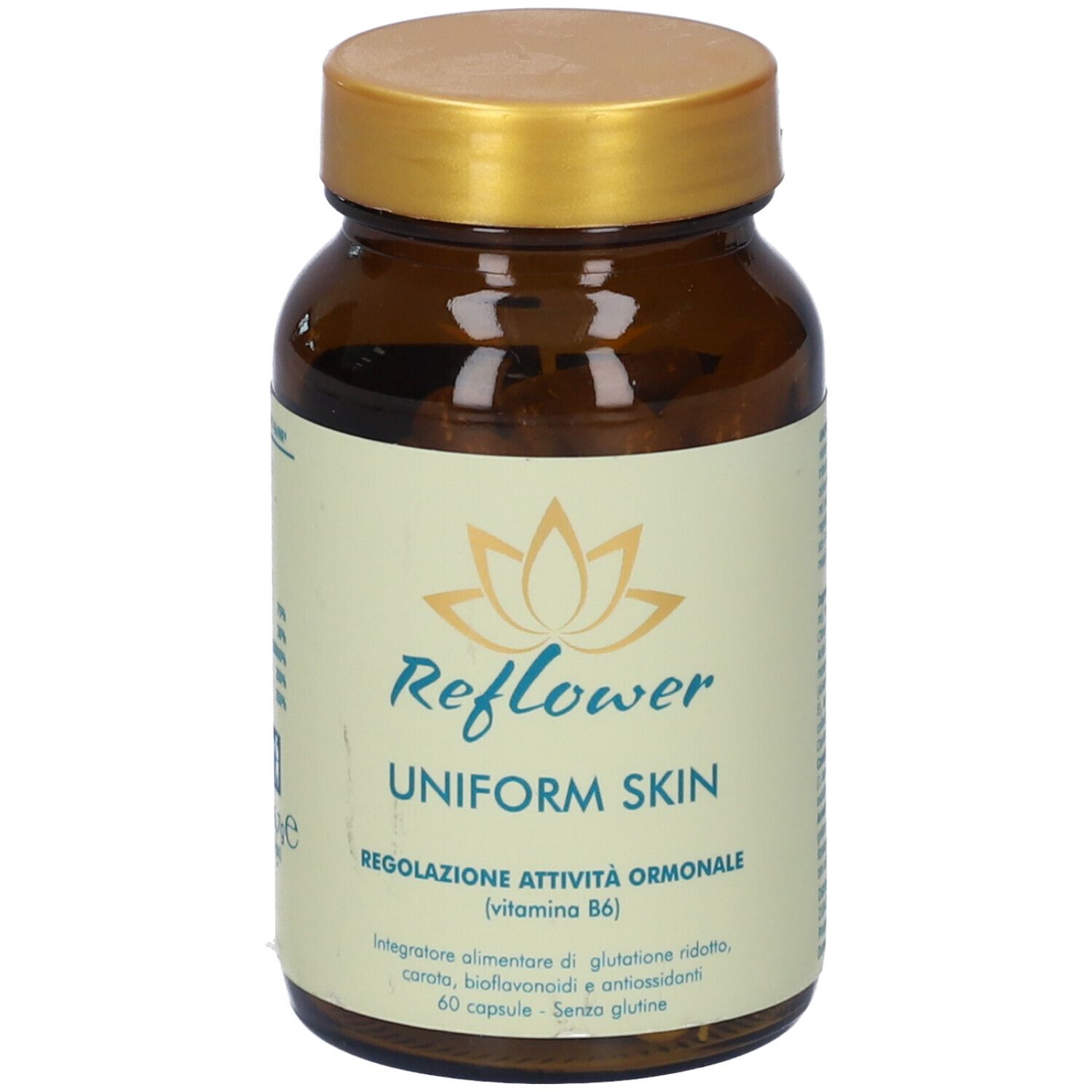 Flacone di vetro marrone con tappo dorato. Scritta: Reflower Uniform Skin. Etichetta con logo floreale e testo.