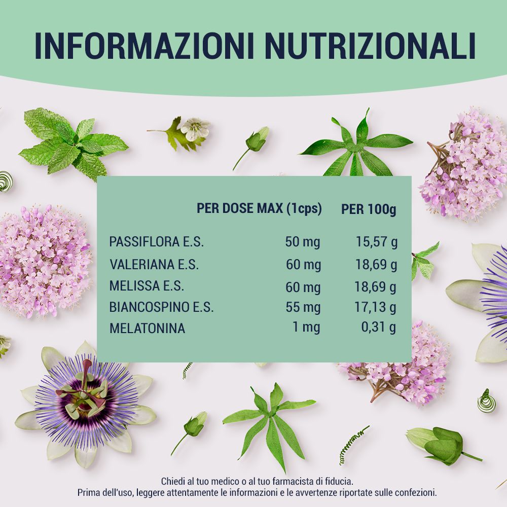 Informazioni nutrizionali Sedatol Notte: Passiflora, Valeriana, Melissa, Biancospino, Melatonina.