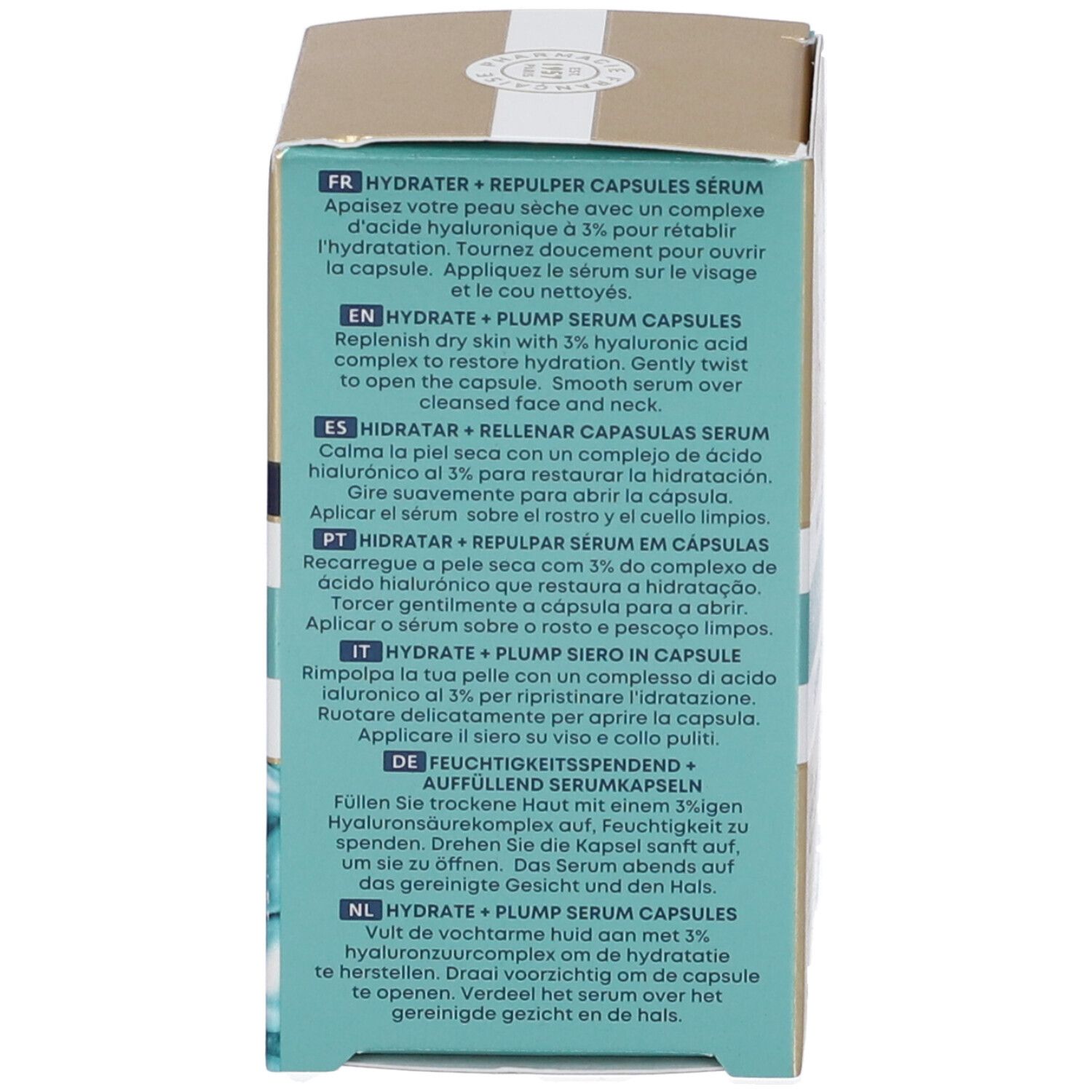 Retro della confezione del prodotto. Contiene istruzioni in più lingue. Con simboli.