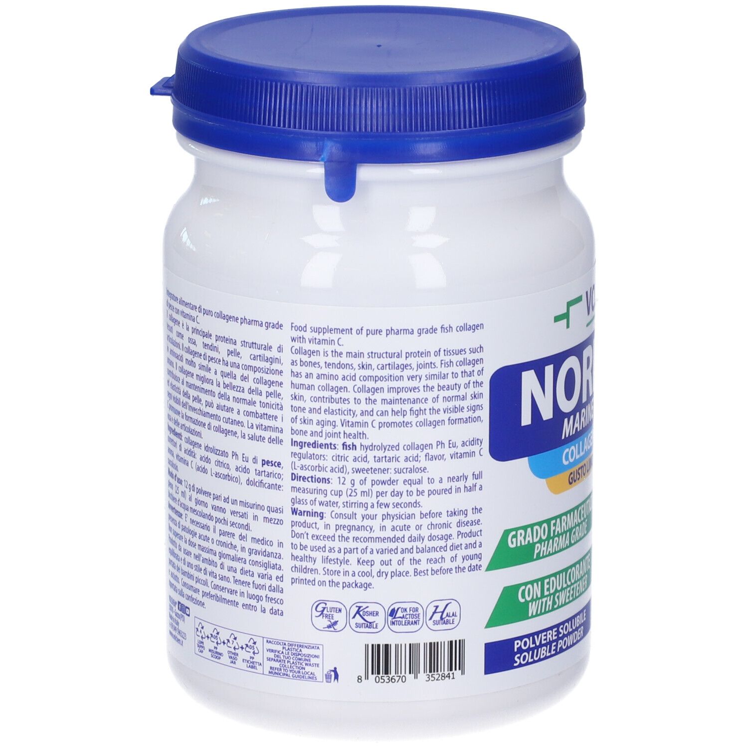 Retro del barattolo bianco con coperchio blu. Testo su ingredienti e uso. Marca: VOLCHEM.