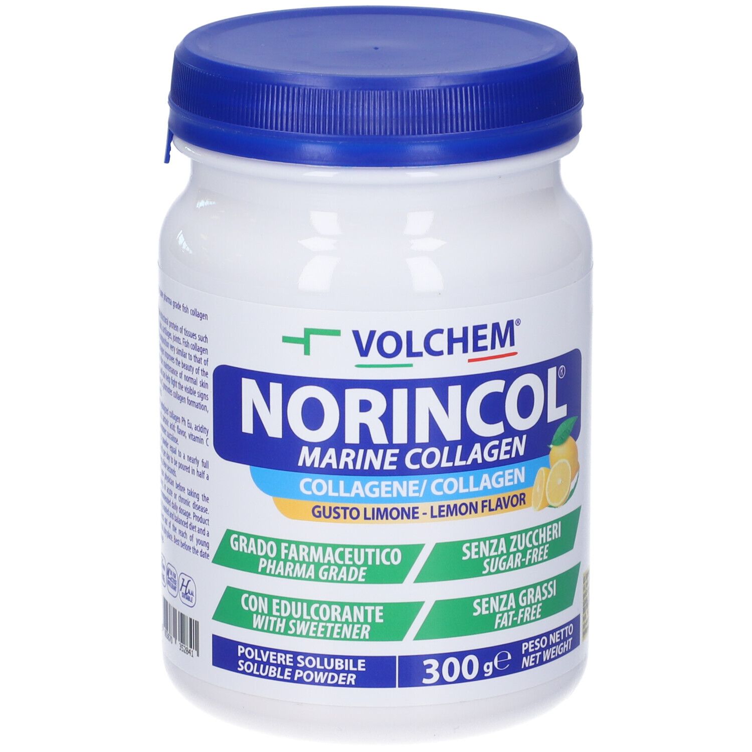 Barattolo bianco con coperchio blu. Scritta: VOLCHEM, NORINCOL Marine Collagen, Gusto Arancia. 300g.