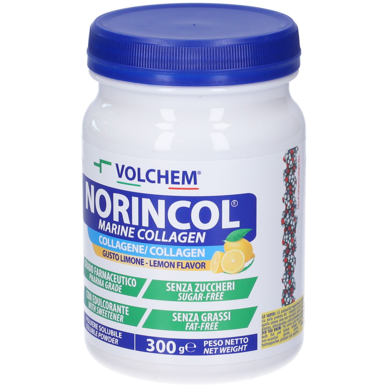 Barattolo bianco con coperchio blu. Scritta: VOLCHEM, NORINCOL Marine Collagen, Gusto Arancia. 300g.