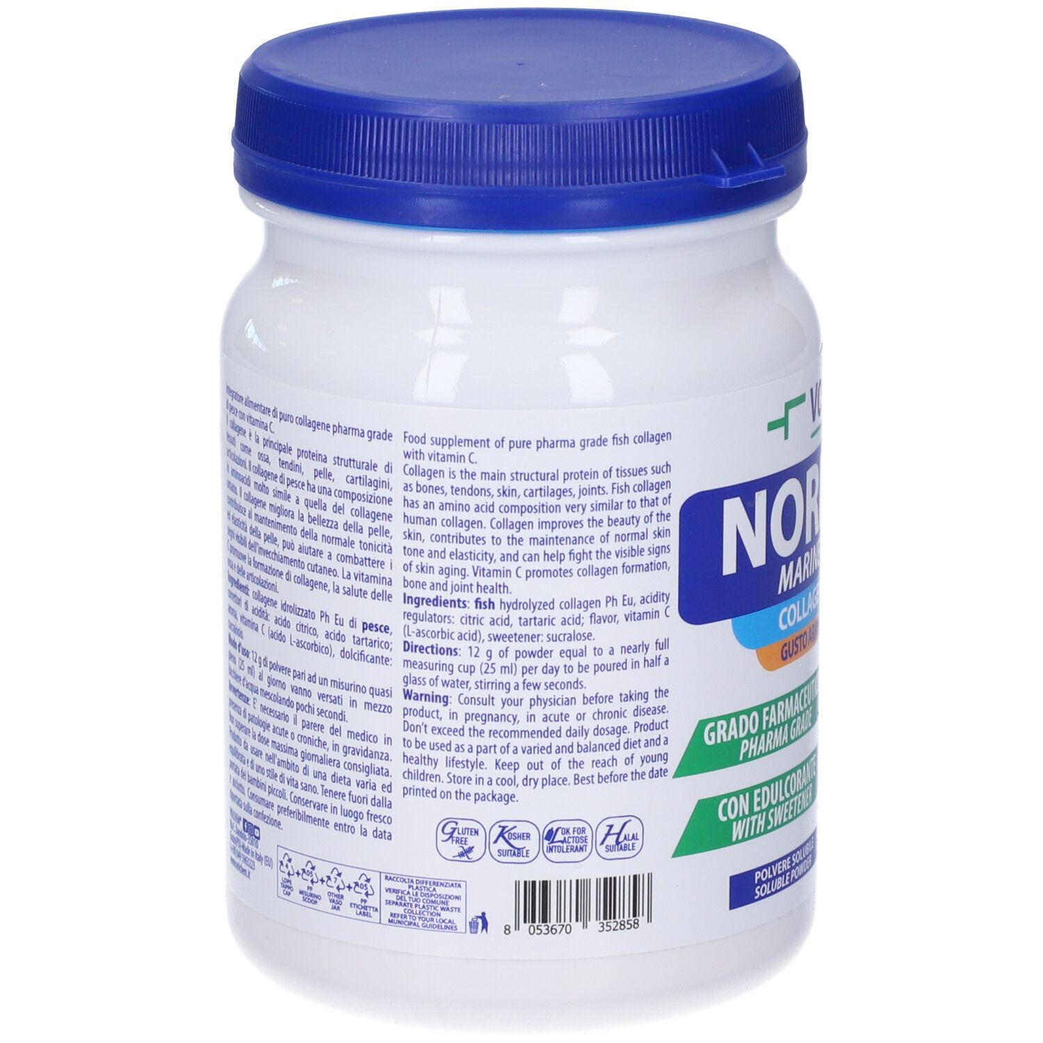 Retro del barattolo con testo. Contiene informazioni sul prodotto, ingredienti e istruzioni per l'uso. Con codice a barre.