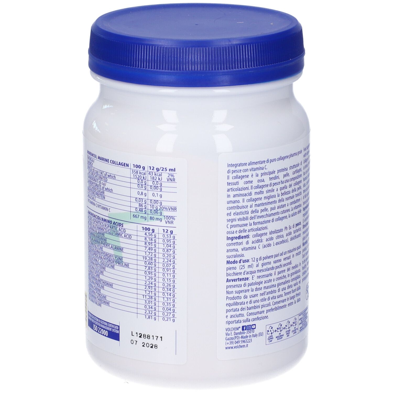 Retro del barattolo con informazioni nutrizionali e aminoacidi. Contiene informazioni sul valore nutrizionale del prodotto.