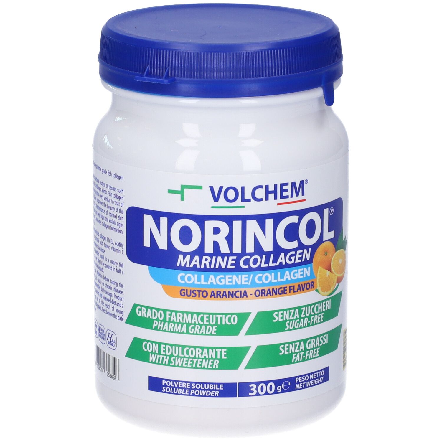 Polvere bianca in barattolo con coperchio blu. Scritta: VOLCHEM Norincol Marine Collagen, gusto arancia. 300g.