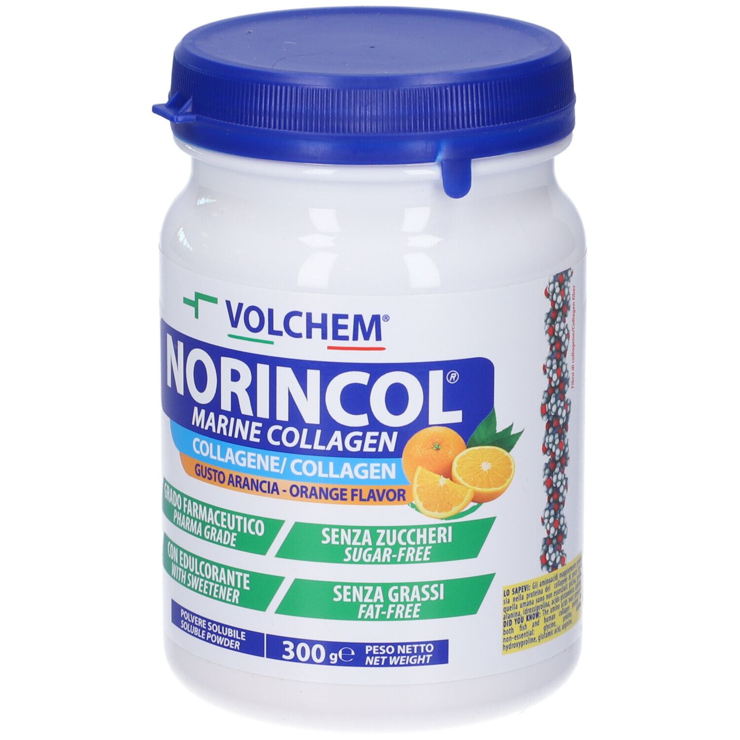 Polvere bianca in barattolo con coperchio blu. Scritta: VOLCHEM Norincol Marine Collagen, gusto arancia. 300g.