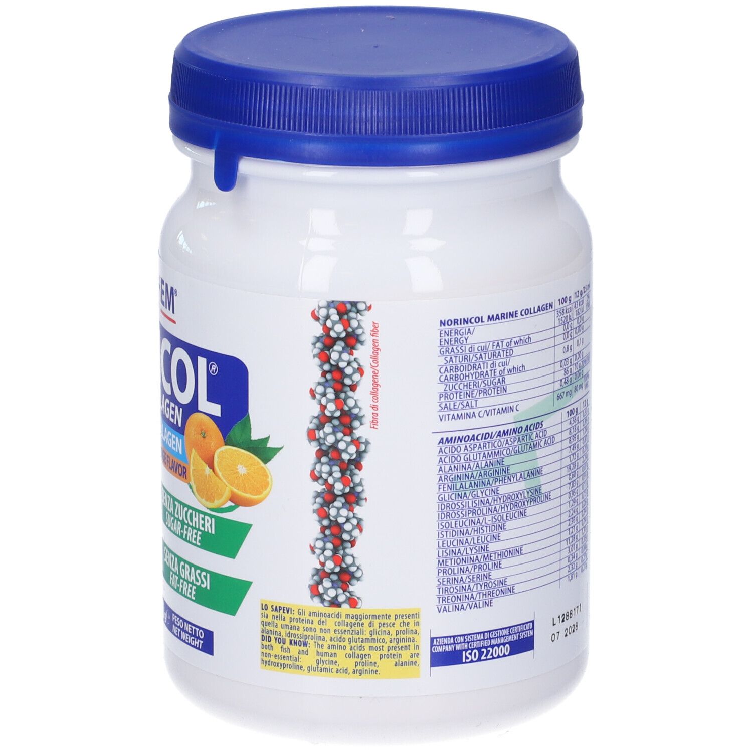 Retro del barattolo con informazioni nutrizionali e aminoacidi. Contiene informazioni sul valore nutrizionale del prodotto.