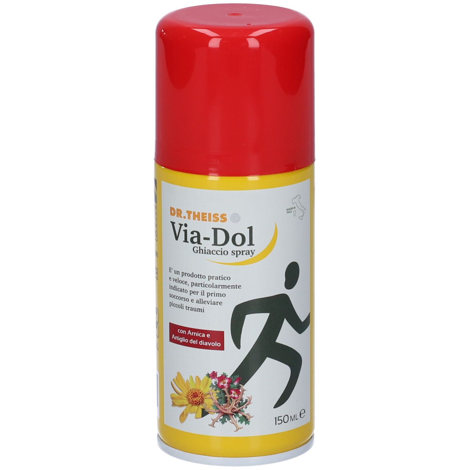 Bomboletta spray cilindrica con tappo rosso. Etichetta gialla con testo e figura di una persona.