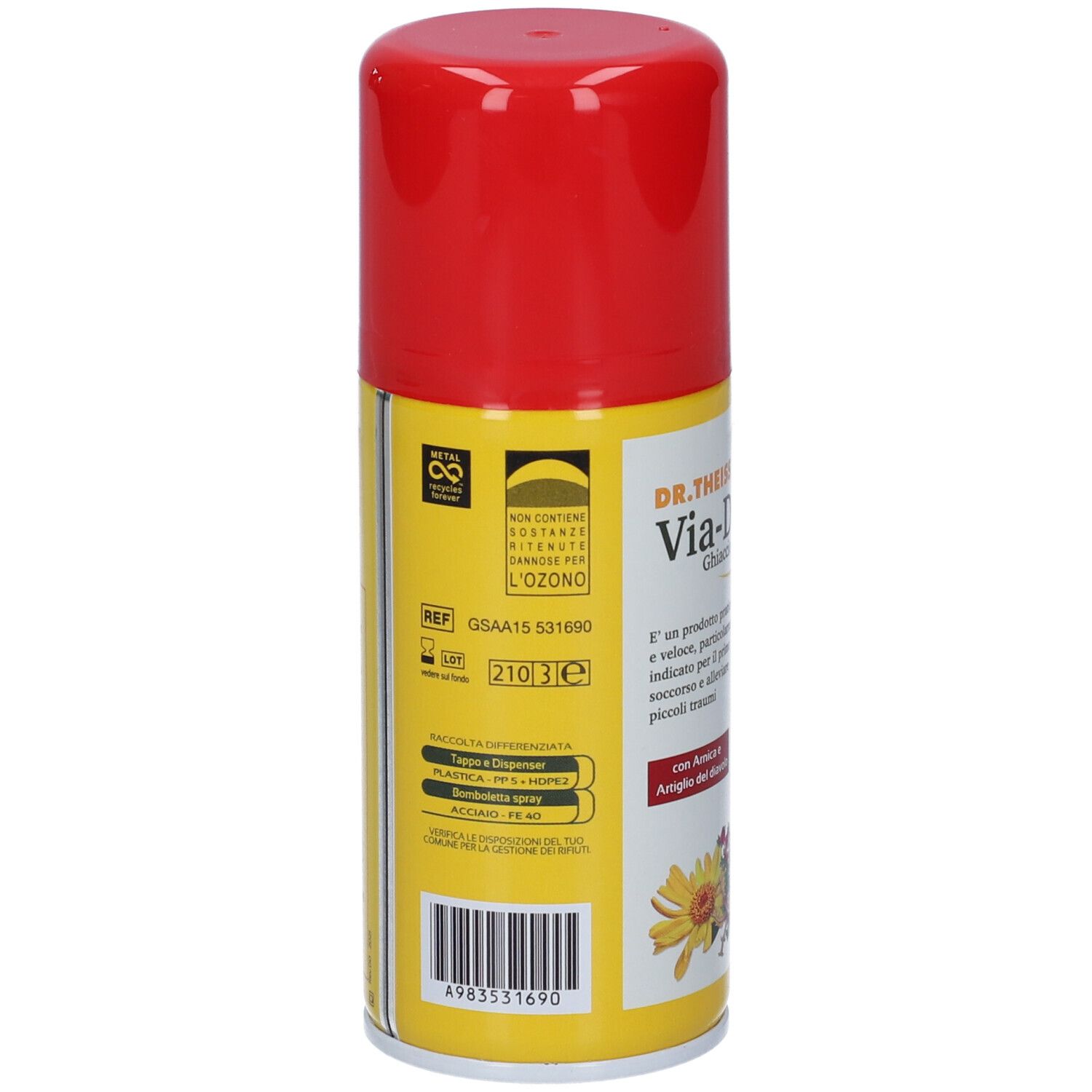 Retro di una bomboletta spray con tappo rosso. Etichetta gialla con testo, codice a barre e certificazioni.