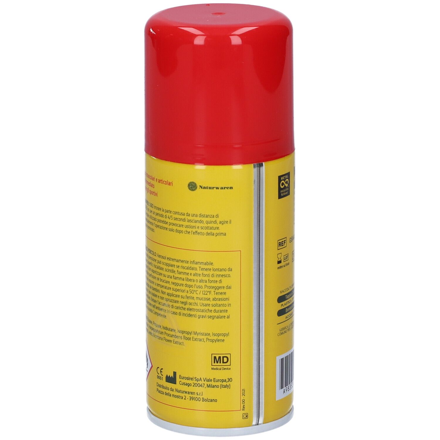 Retro di una bomboletta spray con tappo rosso. Etichetta gialla con testo e certificazioni.