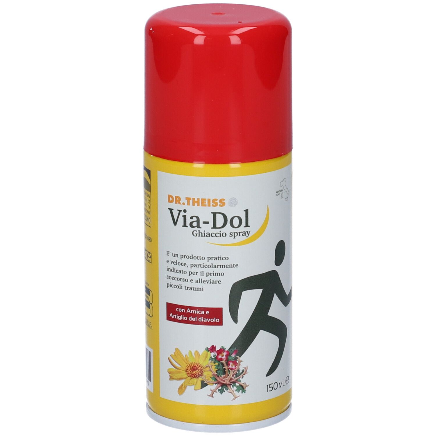 Bomboletta spray cilindrica con tappo rosso. Etichetta gialla con testo e figura di una persona.