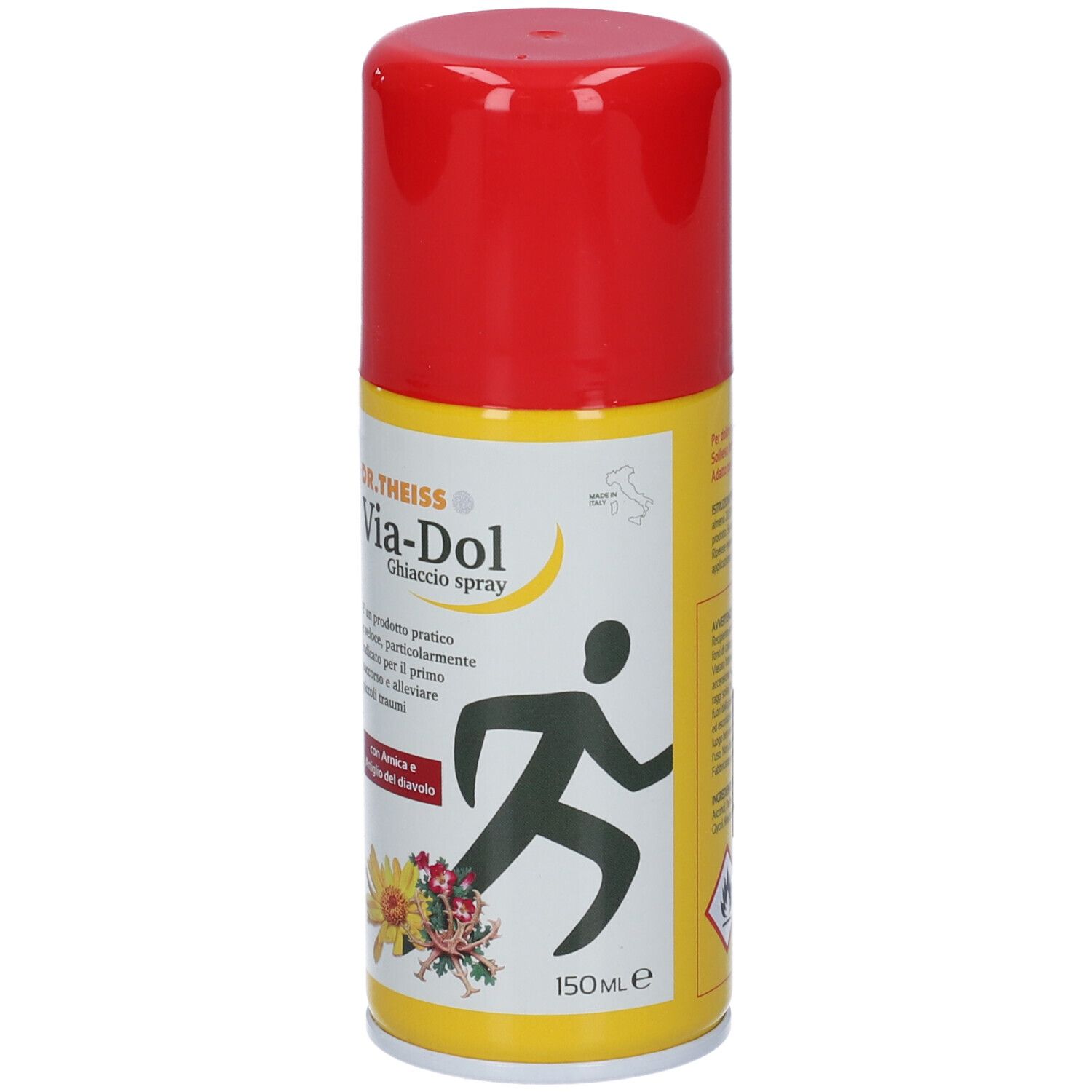 Bomboletta spray cilindrica con tappo rosso. Etichetta gialla con testo e figura di una persona.