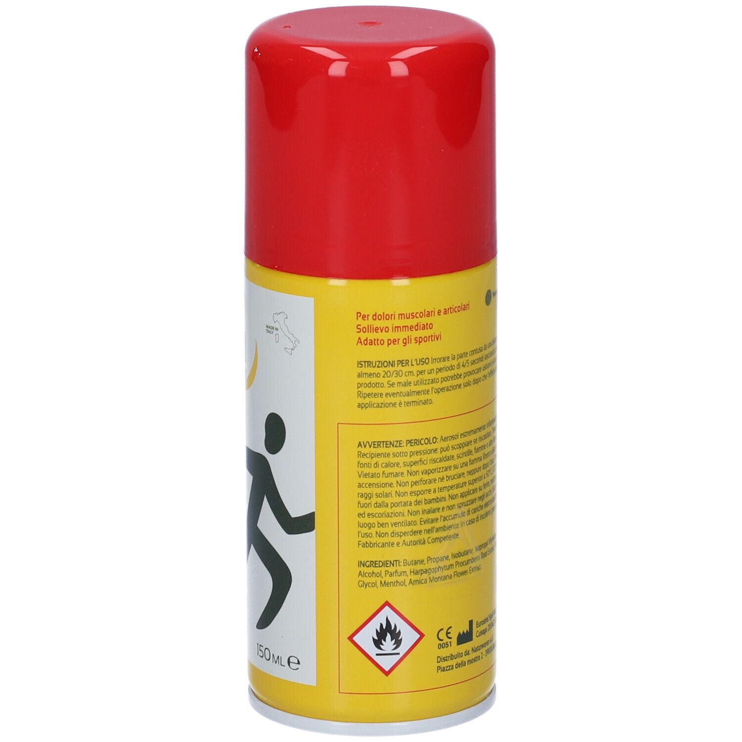 Retro di una bomboletta spray con tappo rosso. Etichetta gialla con testo, pittogrammi e ingredienti.