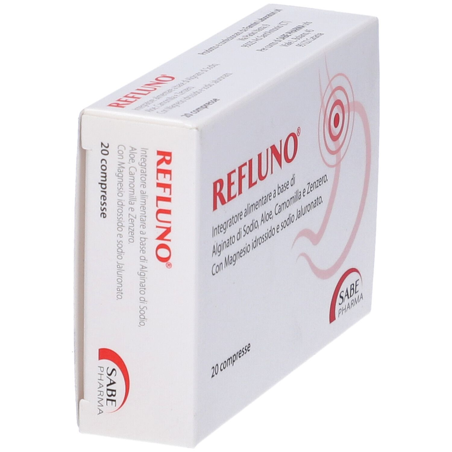 Scatola bianca inclinata con scritta rossa REFLUNO e 20 compresse. Logo SABE PHARMA.