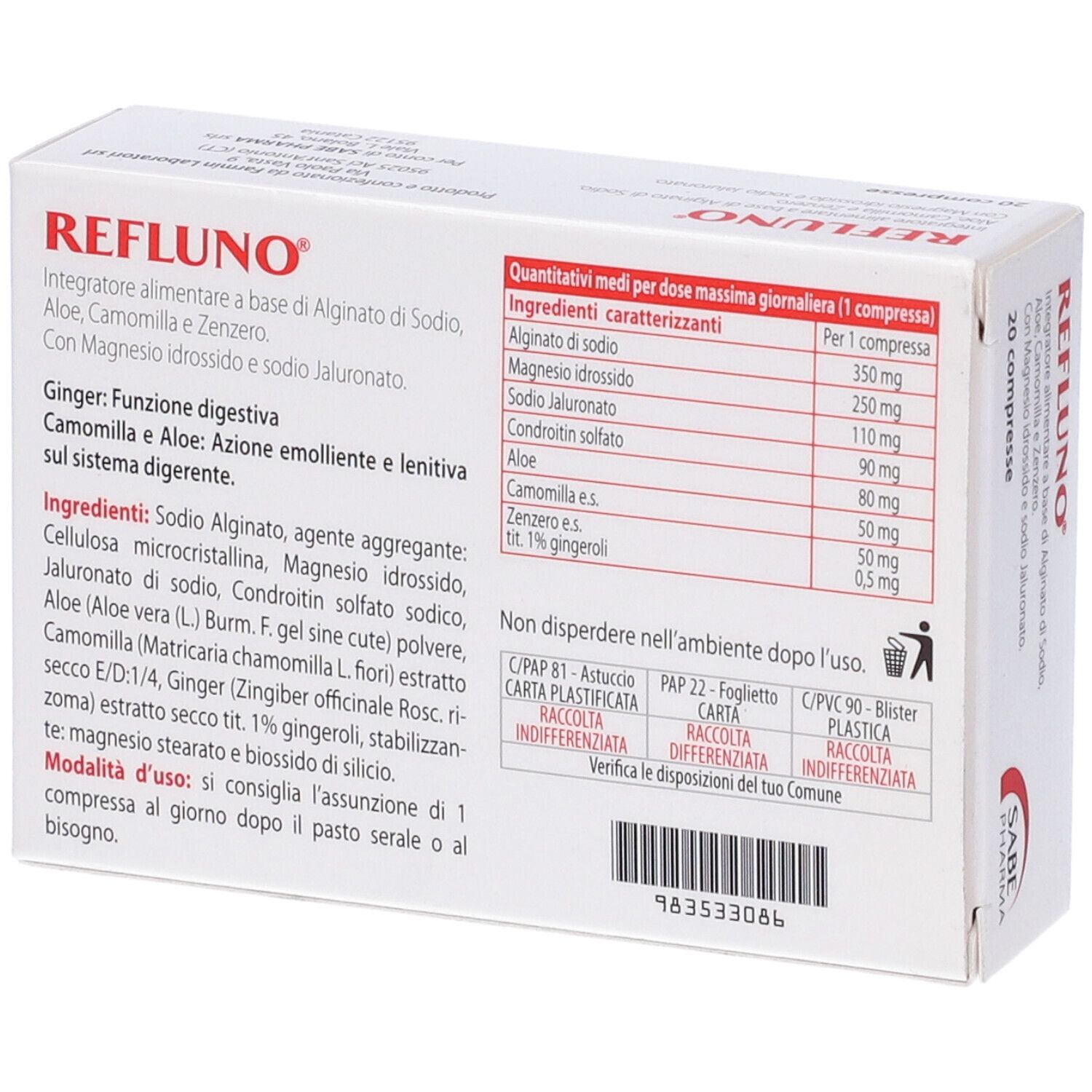 Retro della scatola bianca con ingredienti e tabella nutrizionale. Testo in italiano.