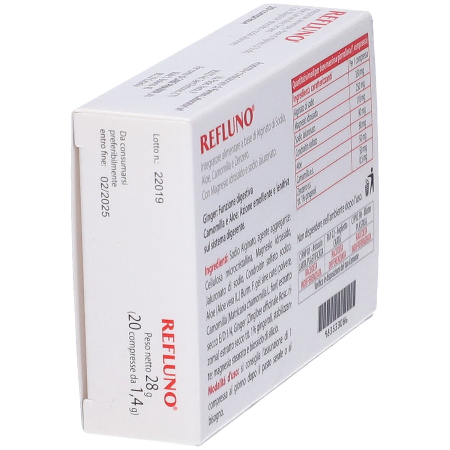 Scatola con ingredienti e tabella nutrizionale. Testo in italiano. Scadenza 02/2025.