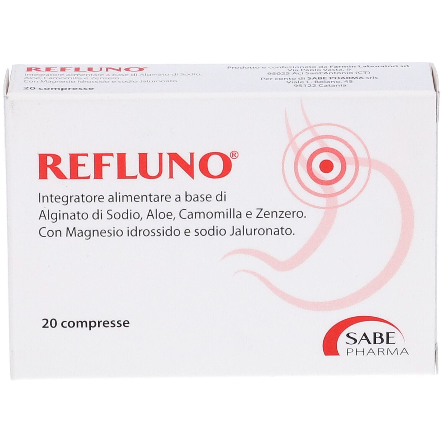 Scatola bianca con scritta rossa REFLUNO e 20 compresse. Logo SABE PHARMA in basso a destra.