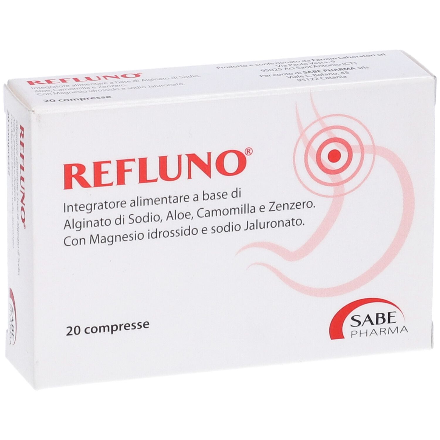 Scatola bianca con scritta rossa REFLUNO e 20 compresse. Logo SABE PHARMA in basso a destra.