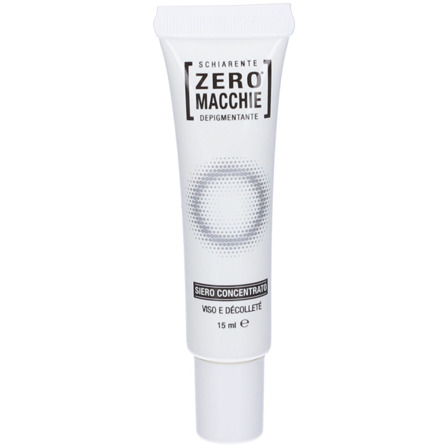 Tubo bianco con testo nero. Contiene Siero Zero Macchie. 15 ml.
