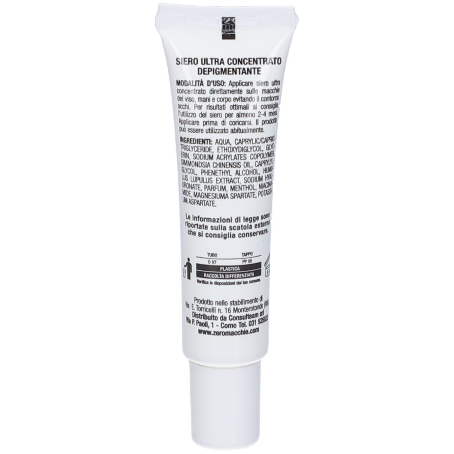 Retro del tubo con testo. Contiene ingredienti e istruzioni. Sfondo bianco.