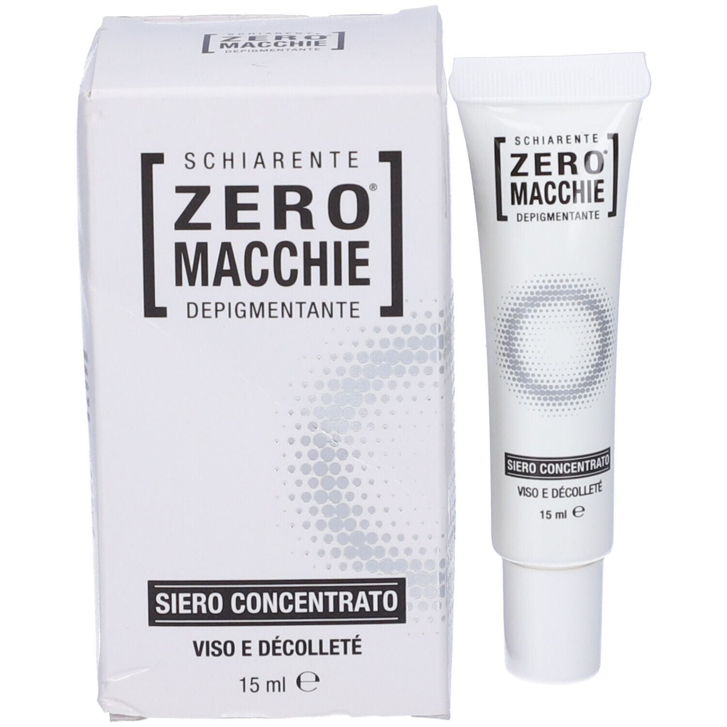 Confezione bianca con tubo. Contiene Siero Zero Macchie. 15 ml. Testo nero.