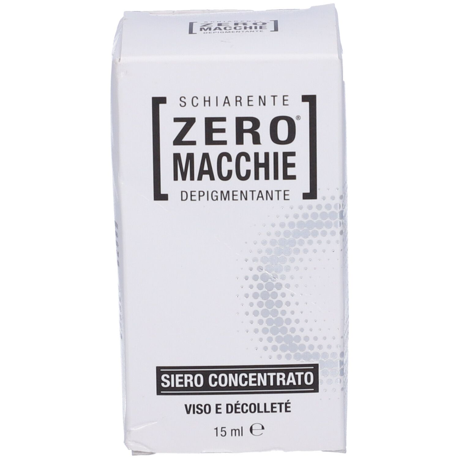 Confezione bianca con testo nero. Contiene Siero Zero Macchie. 15 ml.