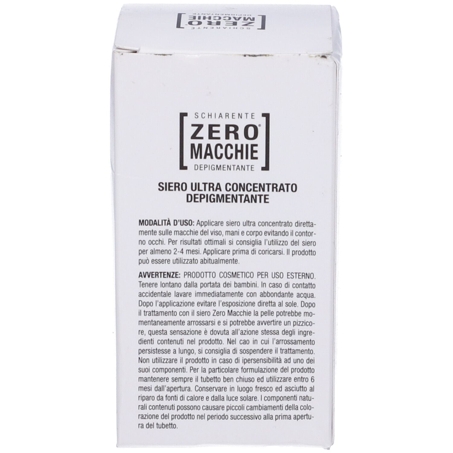 Retro della confezione con testo. Contiene istruzioni per l'uso. Sfondo bianco.
