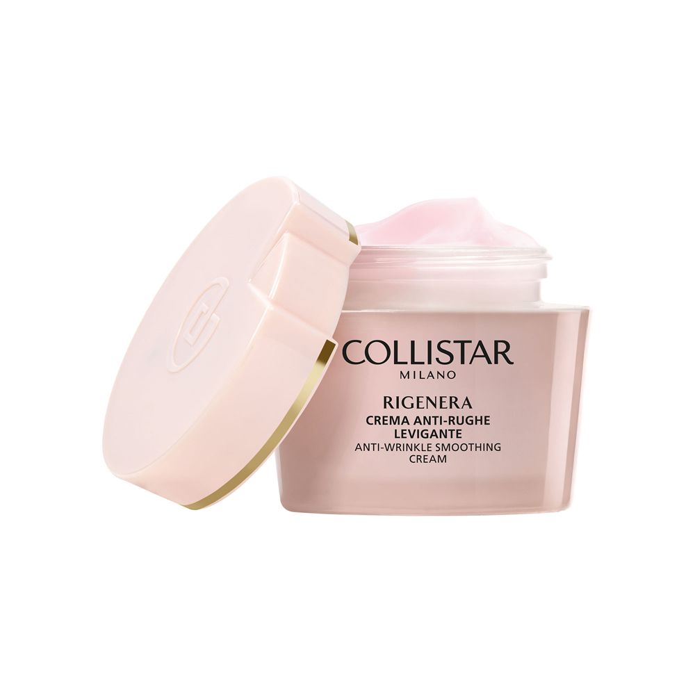 Vaso rosa aperto con crema. Scritta: Collistar, Milano, Rigenera, Crema Anti-rughe Levigante, Anti-Wrinkle Smoothing Cream.