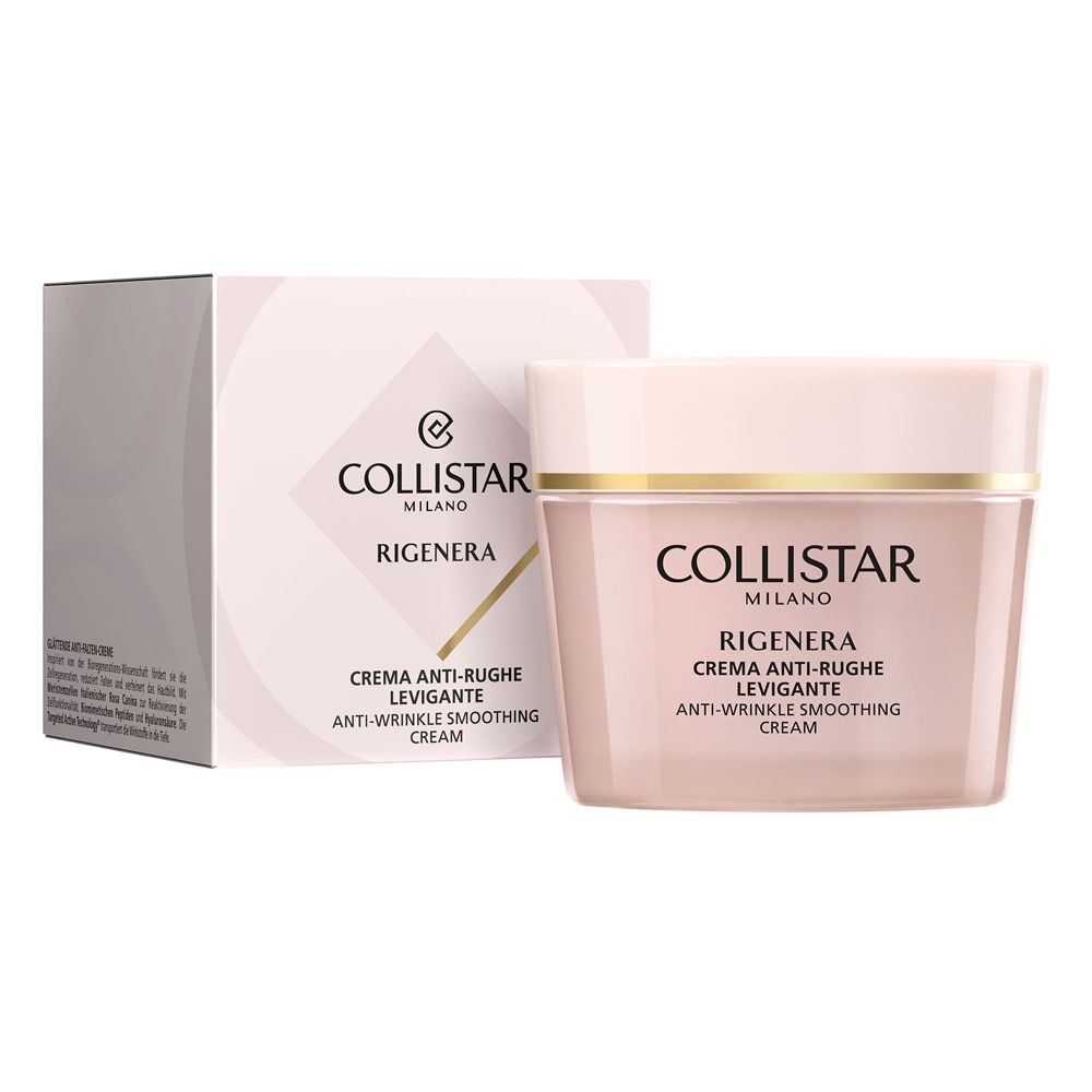 Vaso e confezione rosa. Scritta: Collistar, Milano, Rigenera, Crema Anti-rughe Levigante, Anti-Wrinkle Smoothing Cream.