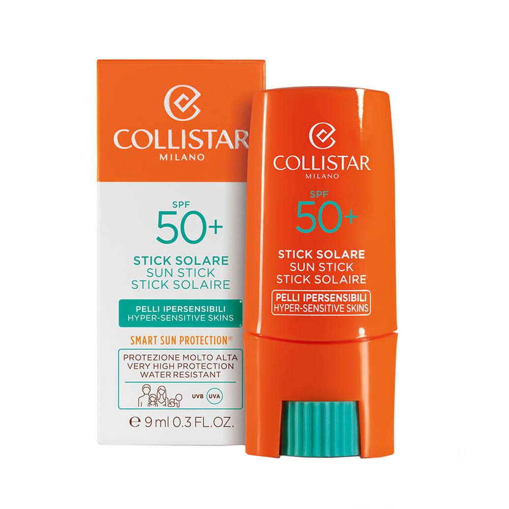 Stick solare e confezione. SPF 50+. Marca: Collistar Milano. Per pelli ipersensibili.