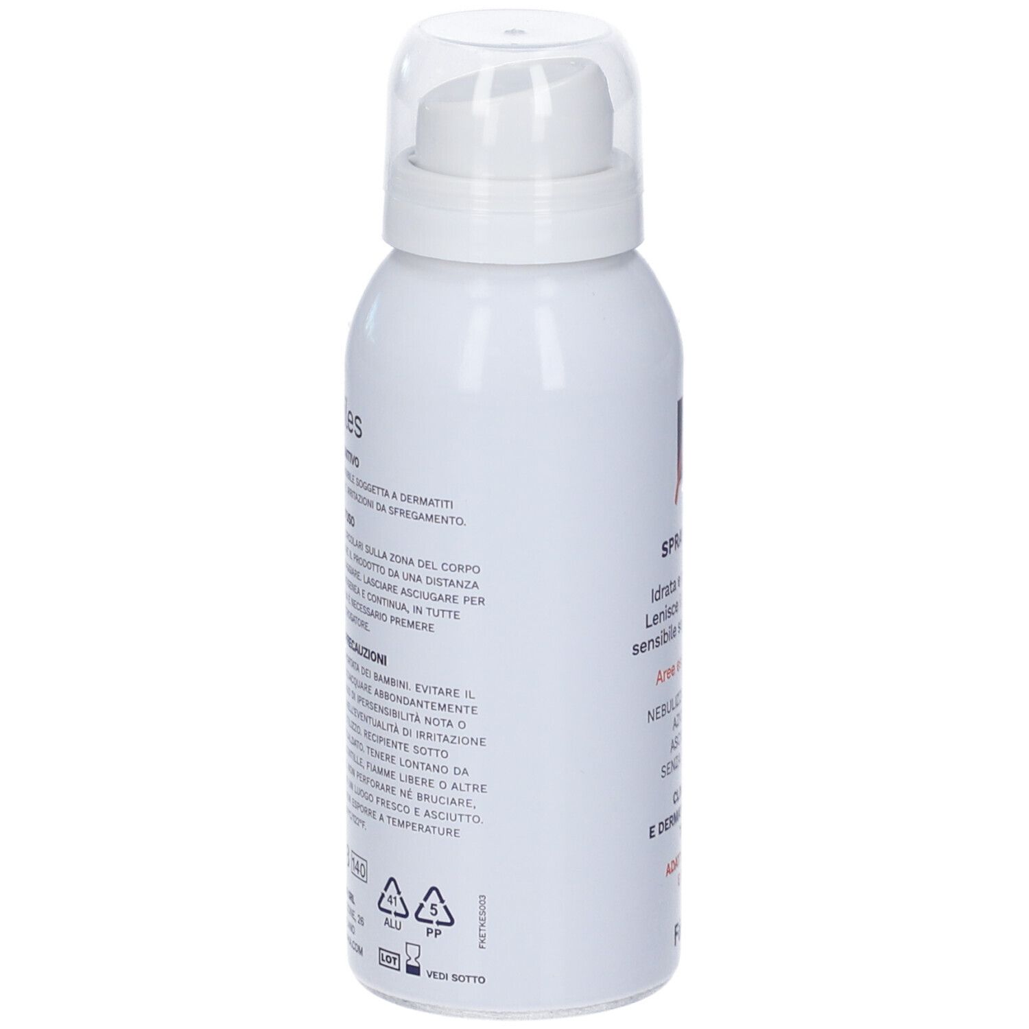 Retro di un flacone spray bianco. Testo in italiano. Informazioni sull'uso e avvertenze.