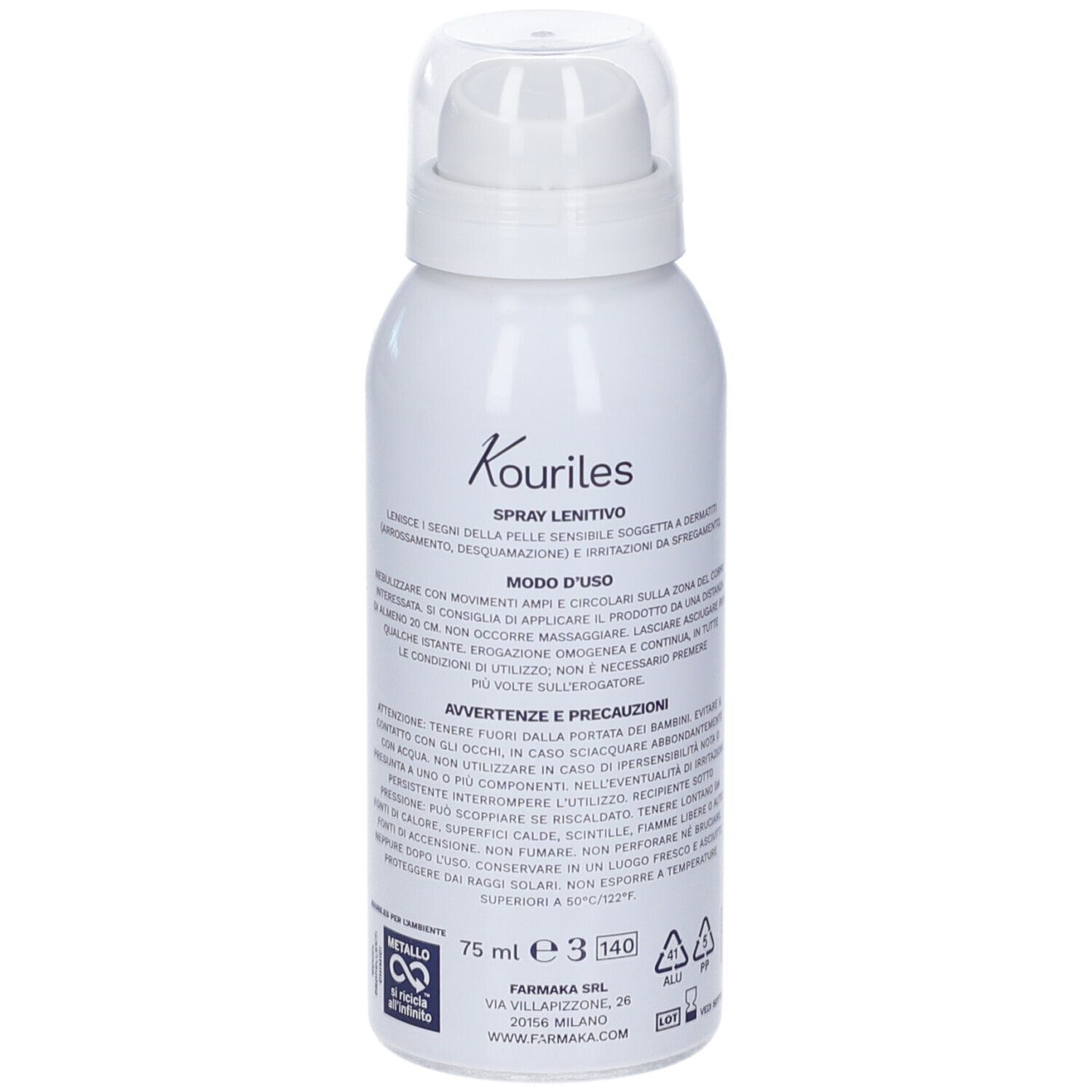 Flacone spray bianco con tappo trasparente. Scritta: Kouriles Spray Lenitivo. Testo in italiano. 75 ml.