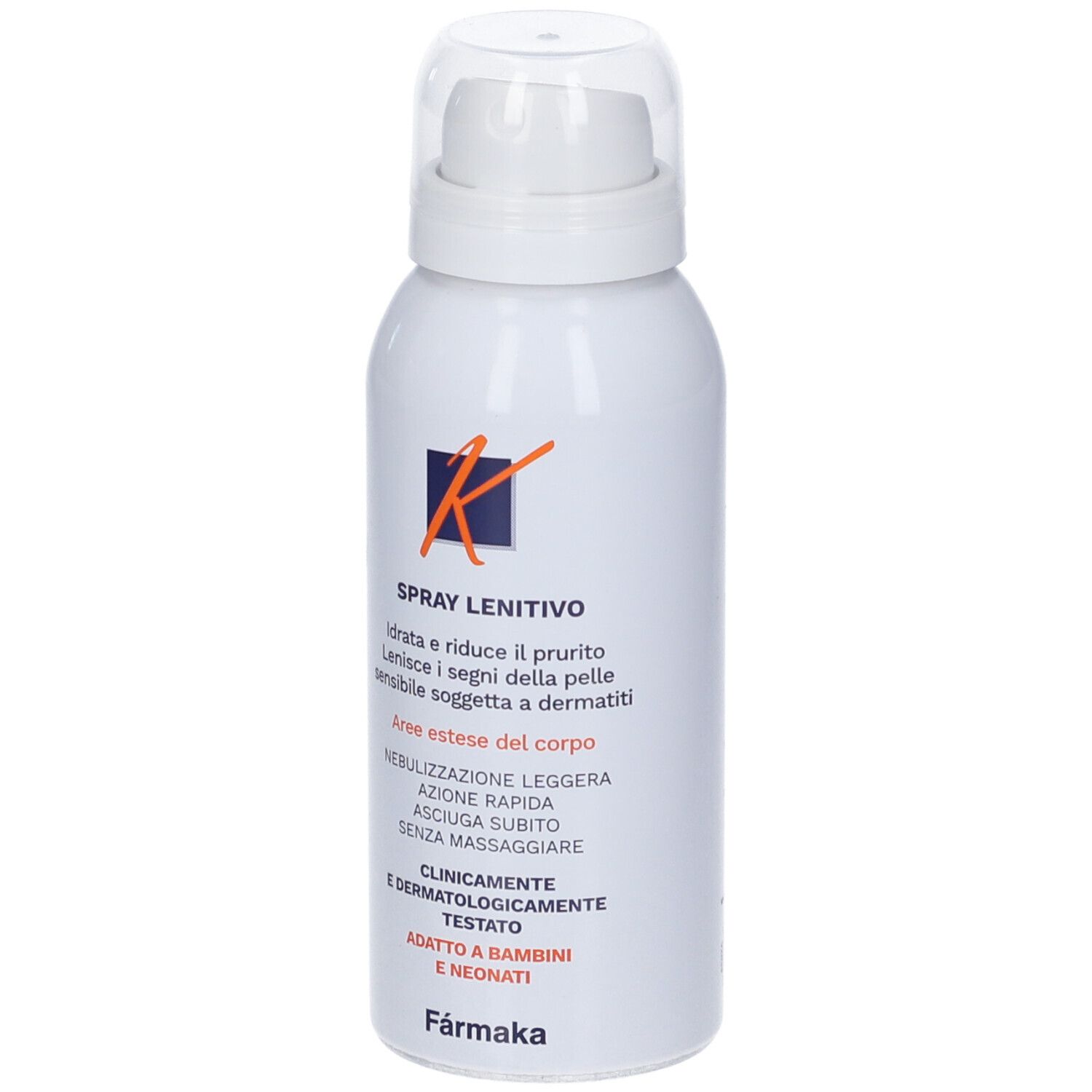 Flacone spray bianco con tappo trasparente. Scritta: Spray Lenitivo. Logo arancione. Testo in italiano.