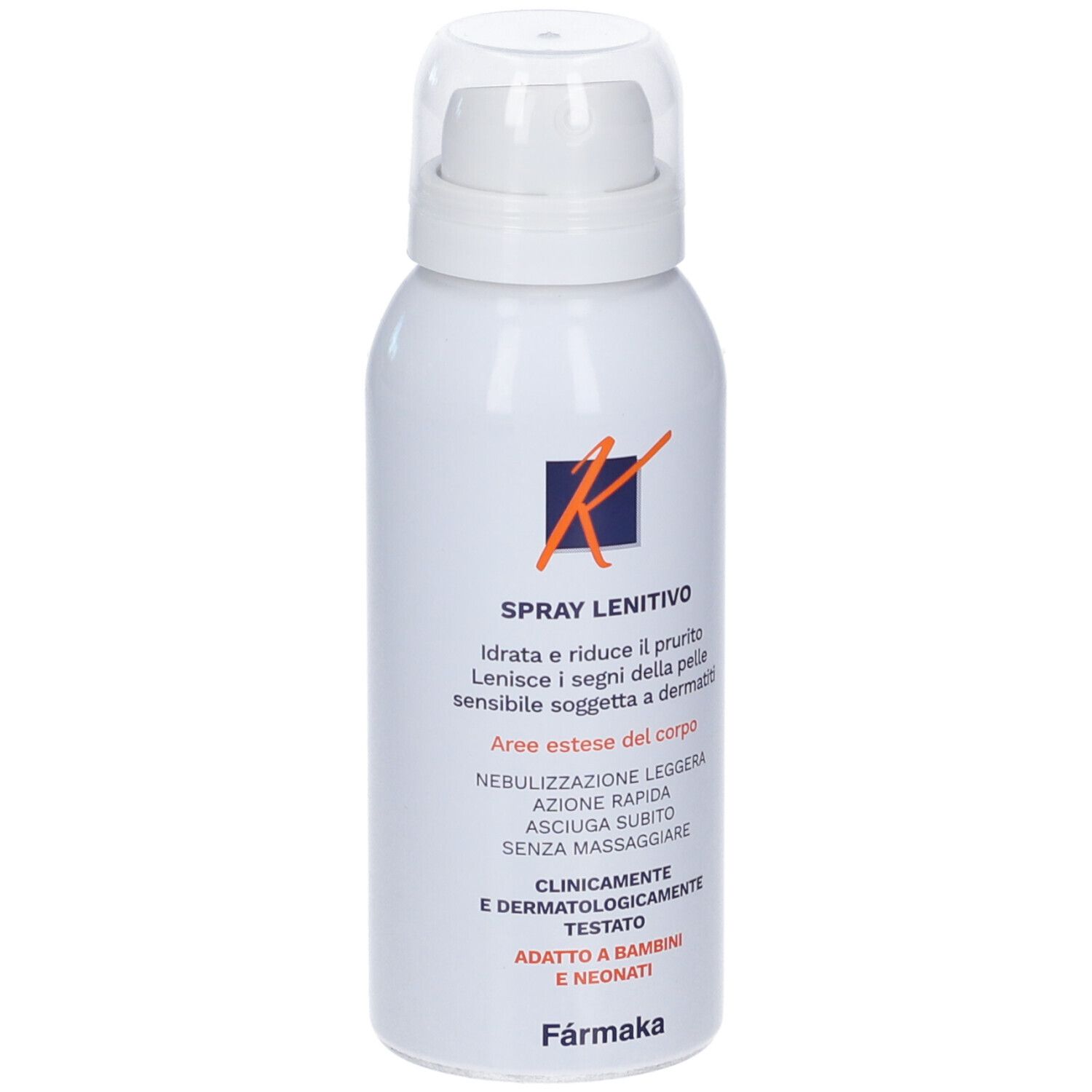 Flacone spray bianco con tappo trasparente. Scritta: Spray Lenitivo. Logo arancione. Testo in italiano.