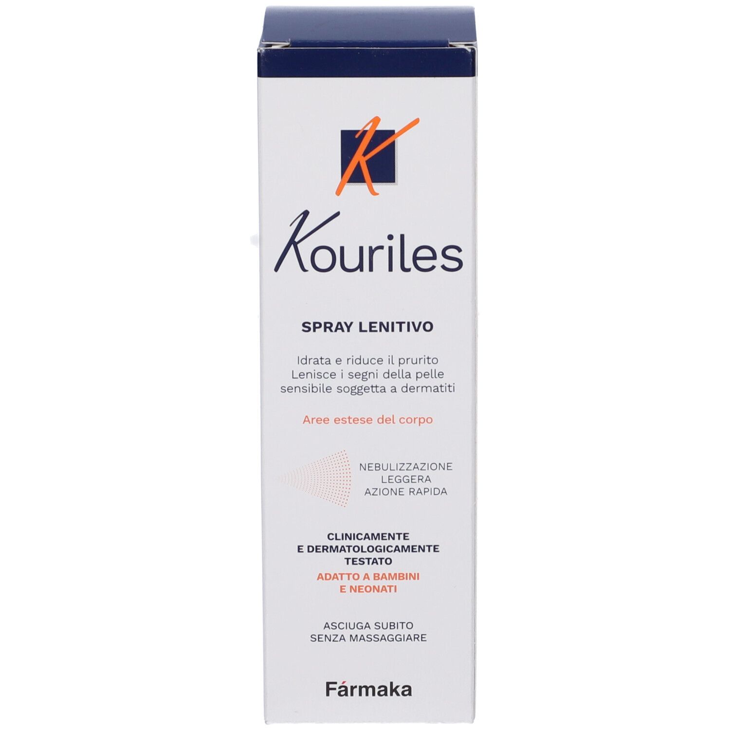 Scatola bianca con scritta: Kouriles Spray Lenitivo. Logo arancione. Testo in italiano.