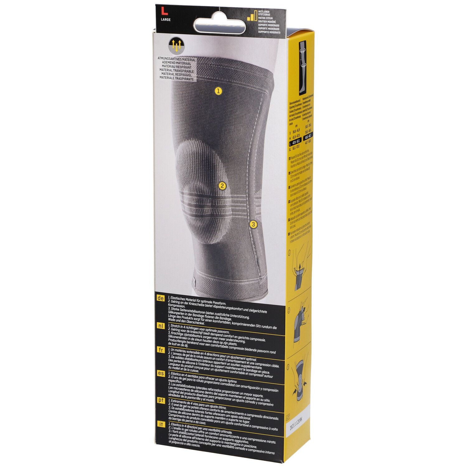 Retro dello stabilizzatore per ginocchio FUTURO™, taglia L. La ginocchiera è grigia con rinforzi. Esempi di applicazione sono illustrati sul retro.