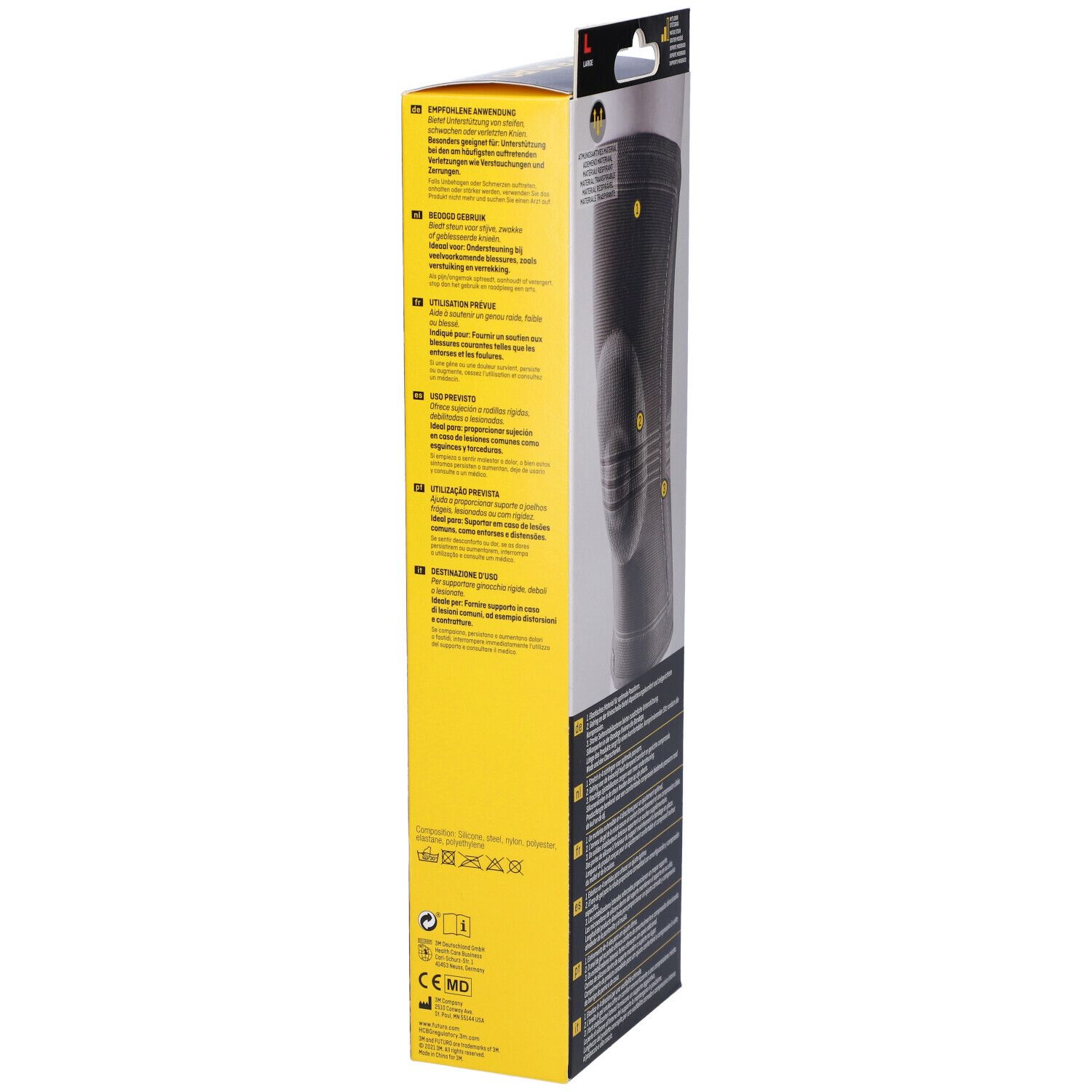 Vista laterale della confezione dello stabilizzatore per ginocchio FUTURO™. Sulla confezione sono visibili informazioni e il marchio CE.