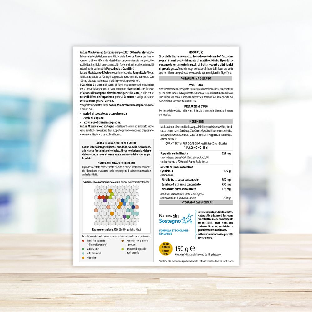 Retro della confezione con ingredienti, tabella nutrizionale e grafici scientifici. Testo in italiano.