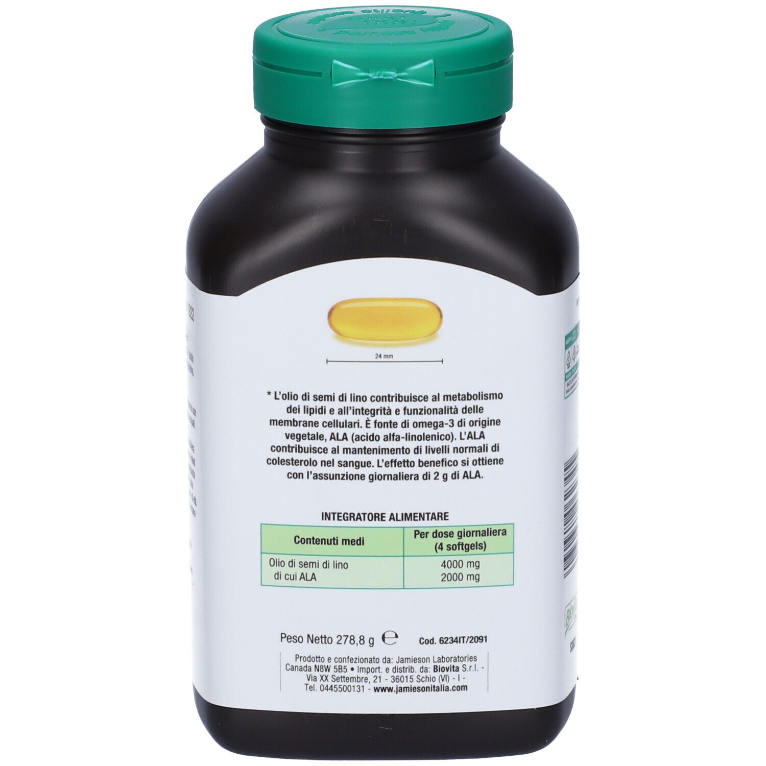 Retro del flacone. Testo con ingredienti e informazioni nutrizionali. Illustrazione di softgel giallo.