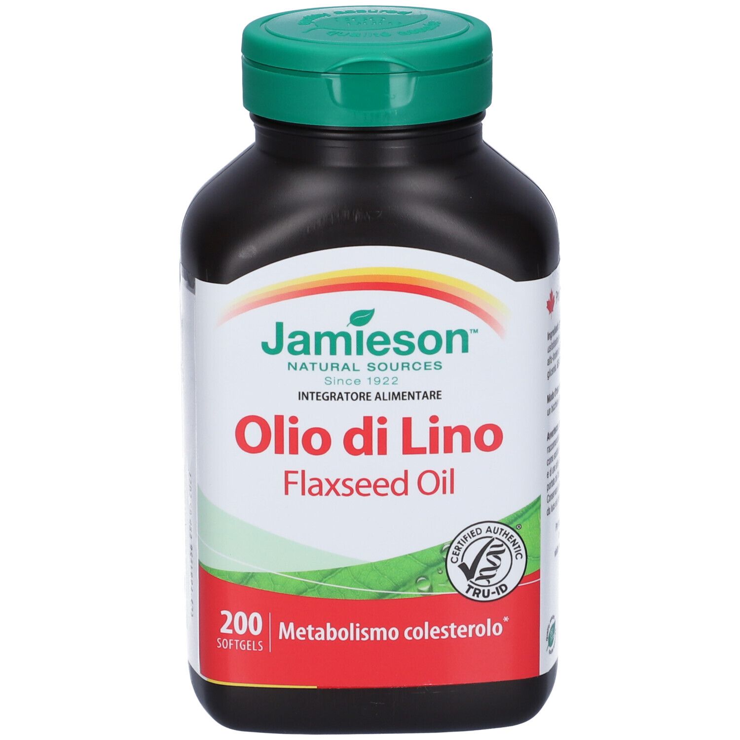 Flacone nero, tappo verde. Scritta: Jamieson Olio di Lino, 200 softgels. Logo di certificazione.