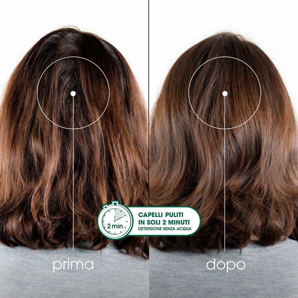 Confronto prima-dopo dei capelli. Testo: Capelli puliti in soli 2 minuti. Detersione senza acqua.
