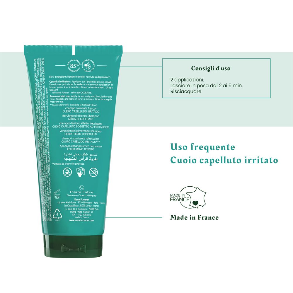 Retro del tubo di shampoo. Testo: Consigli d'uso, ingredienti, Cuoio capelluto irritato, Made in France.