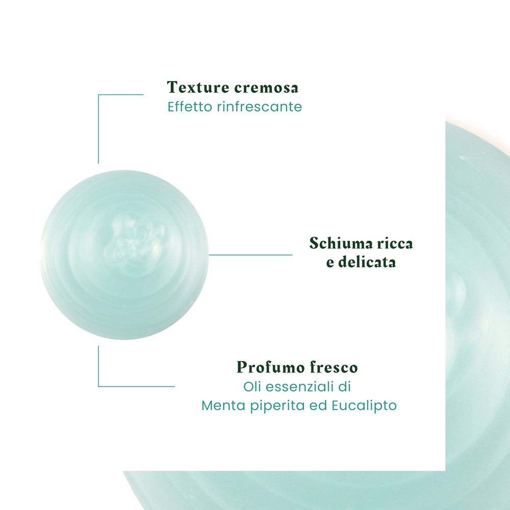 Primo piano dello shampoo. Testo: Texture cremosa, effetto rinfrescante, schiuma ricca, profumo fresco.